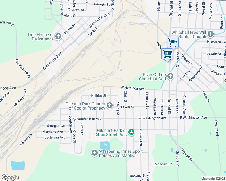 map of restaurants, bars, coffee shops, grocery stores, and more near 1501 Hall Street in Waycross