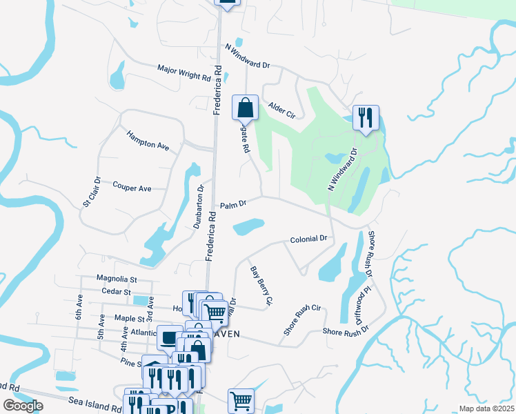 map of restaurants, bars, coffee shops, grocery stores, and more near 108 Palm Drive in St. Simons Island