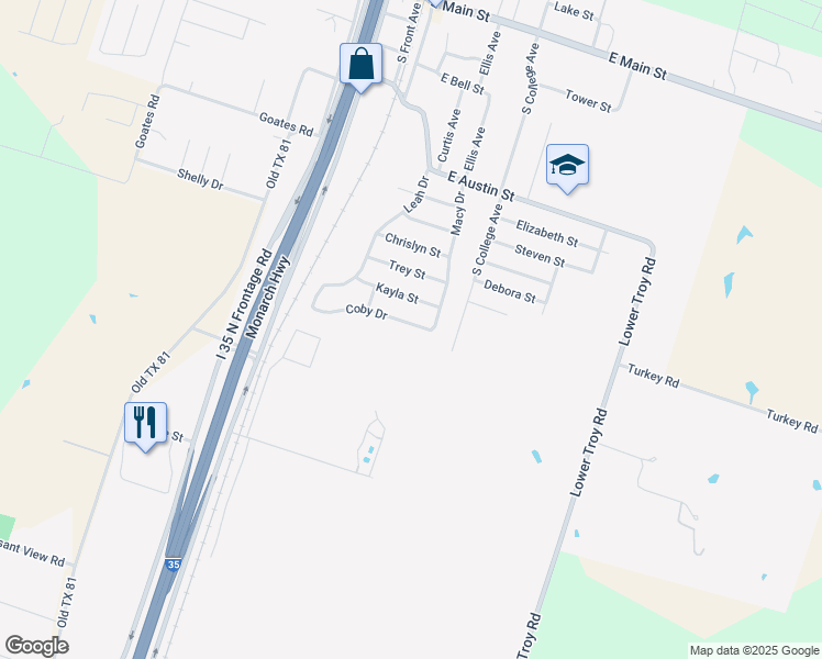 map of restaurants, bars, coffee shops, grocery stores, and more near 503 Coby Drive in Troy