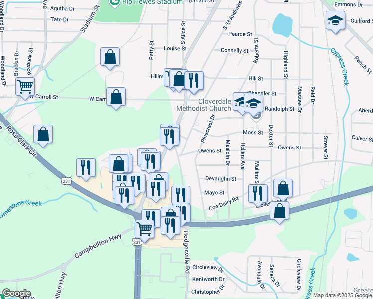map of restaurants, bars, coffee shops, grocery stores, and more near 515 Madison Avenue in Dothan