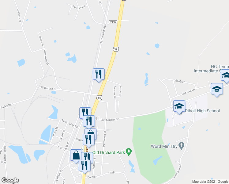 map of restaurants, bars, coffee shops, grocery stores, and more near 925 Denman Street in Diboll