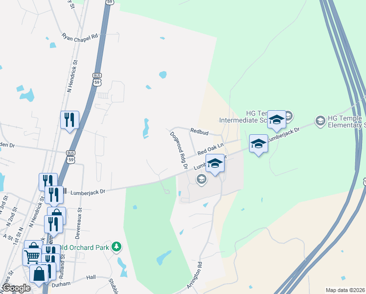 map of restaurants, bars, coffee shops, grocery stores, and more near 905 Dogwood Ridge Drive in Diboll
