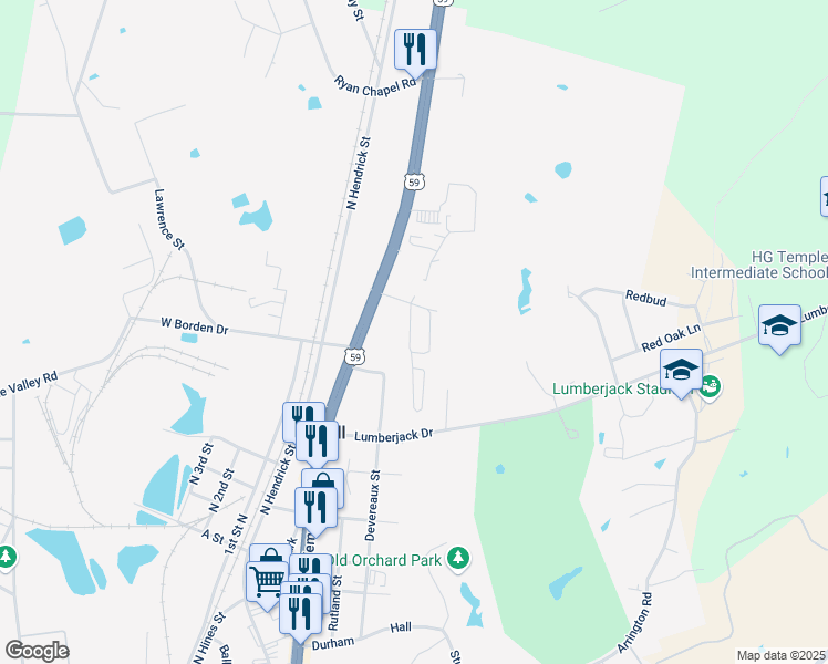 map of restaurants, bars, coffee shops, grocery stores, and more near 925 Denman Street in Diboll