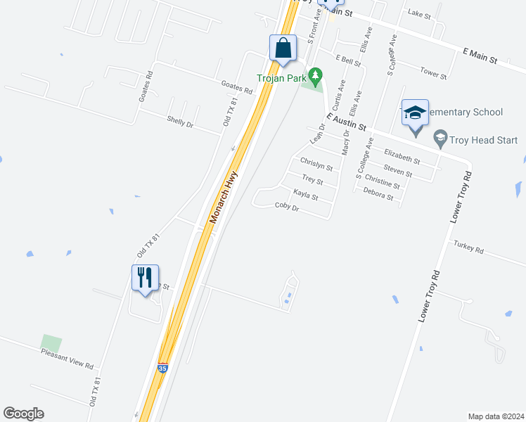 map of restaurants, bars, coffee shops, grocery stores, and more near 207 Coby Drive in Troy