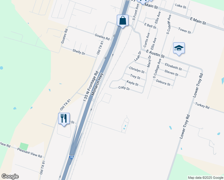 map of restaurants, bars, coffee shops, grocery stores, and more near 207 Coby Drive in Troy