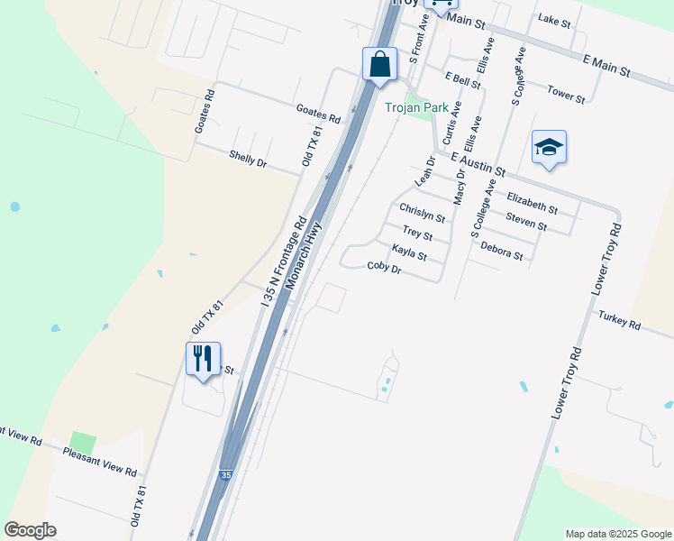 map of restaurants, bars, coffee shops, grocery stores, and more near 1202 Leah Drive in Troy