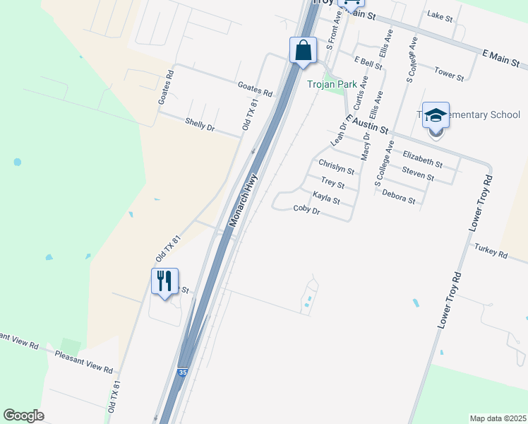 map of restaurants, bars, coffee shops, grocery stores, and more near 1202 Leah Drive in Troy