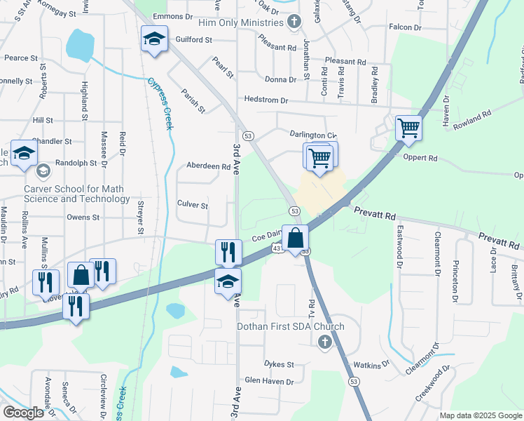 map of restaurants, bars, coffee shops, grocery stores, and more near 2031 3rd Avenue in Dothan