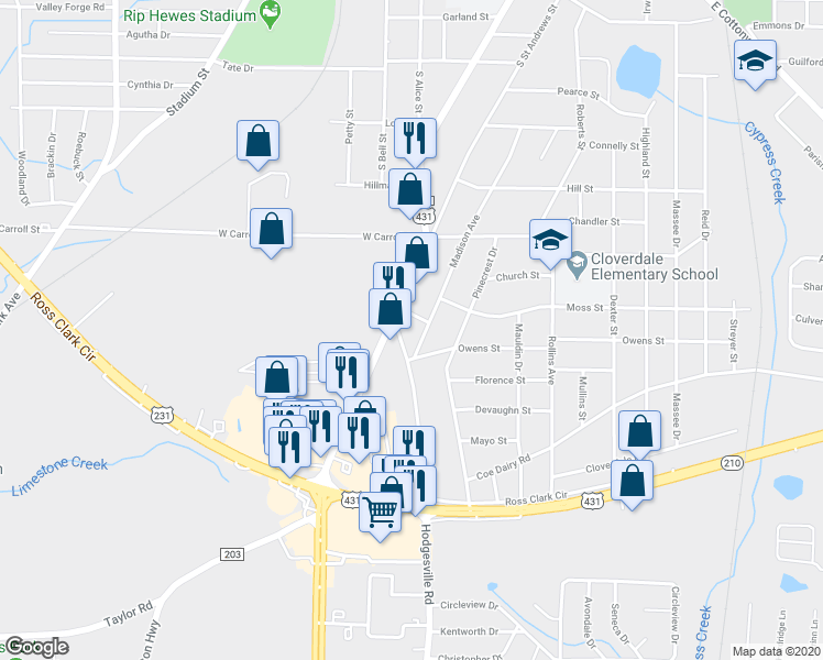 map of restaurants, bars, coffee shops, grocery stores, and more near 515 Madison Avenue in Dothan