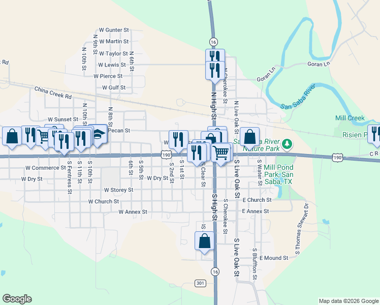 map of restaurants, bars, coffee shops, grocery stores, and more near 111 East Wallace Street in San Saba