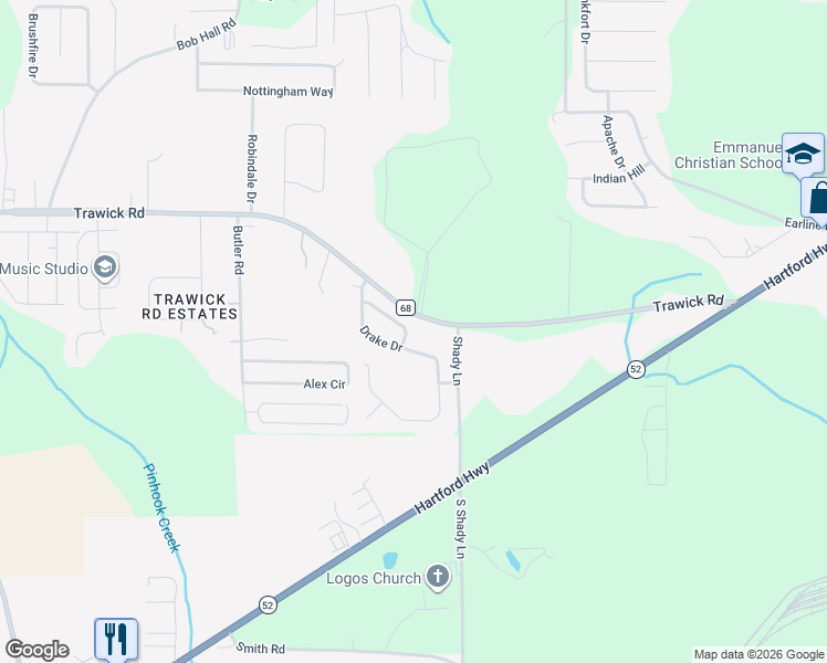 map of restaurants, bars, coffee shops, grocery stores, and more near 301-303 Drake Drive in Dothan