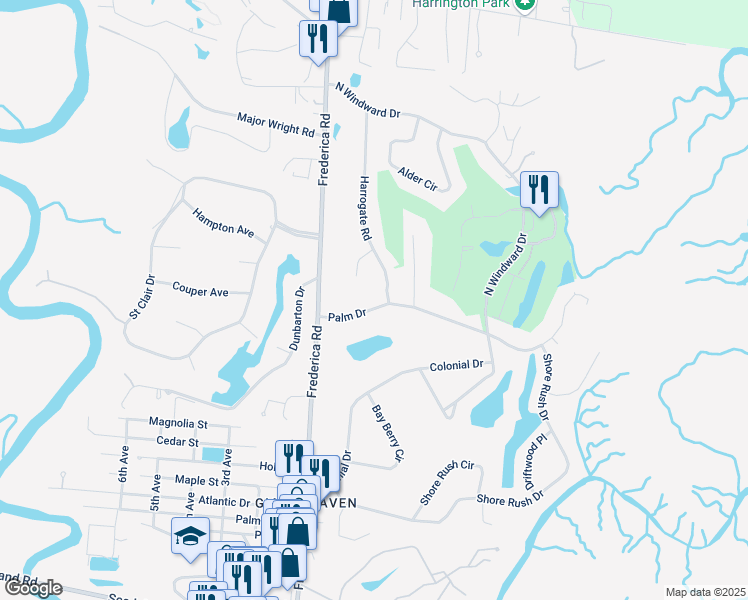 map of restaurants, bars, coffee shops, grocery stores, and more near 108 Palm Drive in St. Simons Island