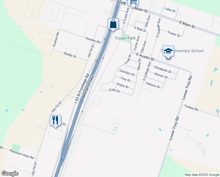 map of restaurants, bars, coffee shops, grocery stores, and more near 302 Coby Drive in Troy