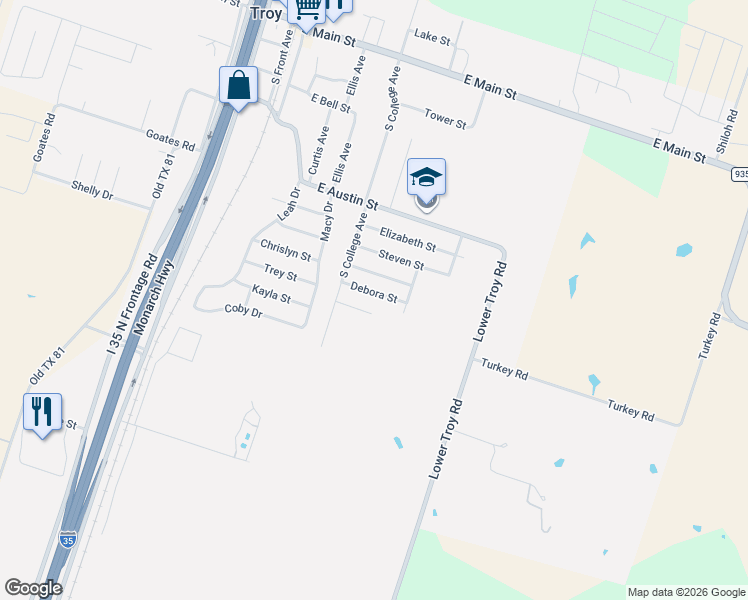map of restaurants, bars, coffee shops, grocery stores, and more near 618 Christine Street in Troy