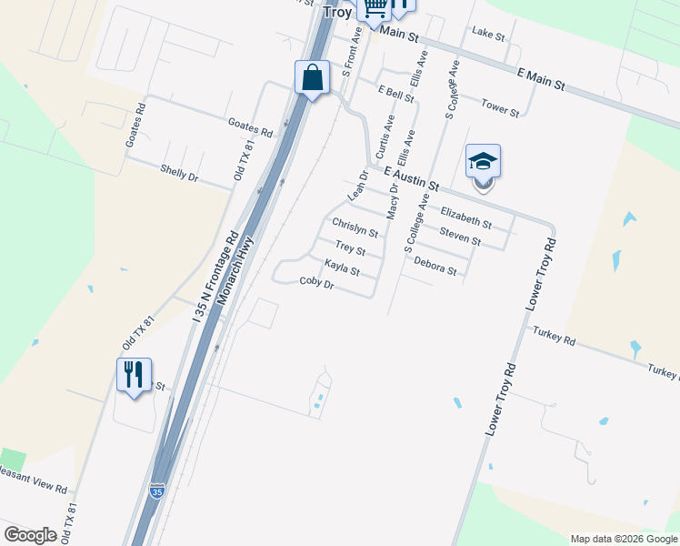 map of restaurants, bars, coffee shops, grocery stores, and more near 405 Kayla Street in Troy