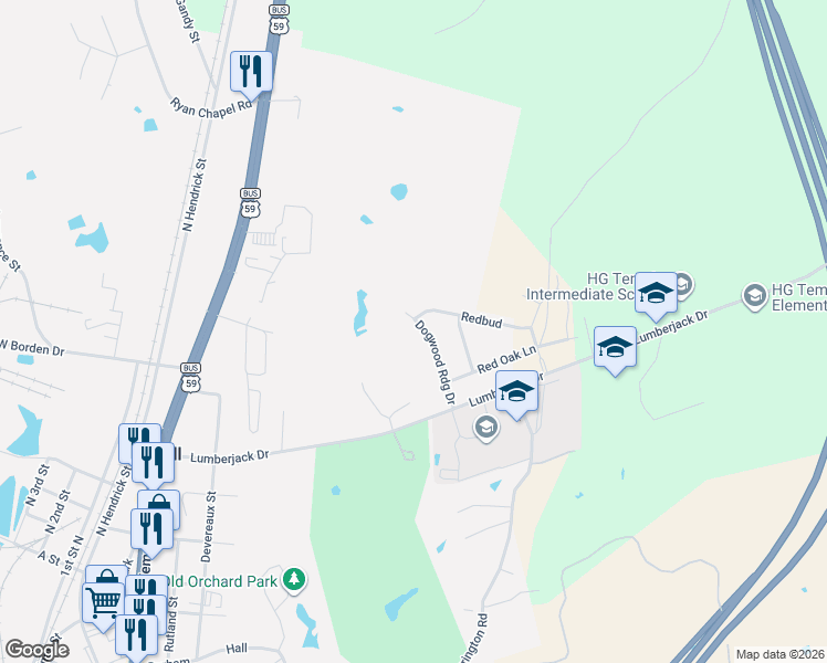 map of restaurants, bars, coffee shops, grocery stores, and more near 1002 Dogwood Ridge Drive in Diboll