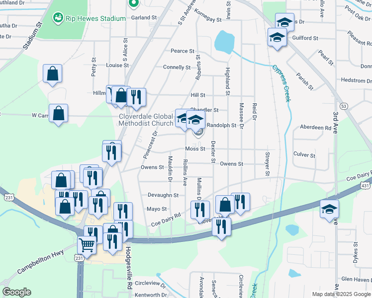 map of restaurants, bars, coffee shops, grocery stores, and more near 303 Rollins Avenue in Dothan