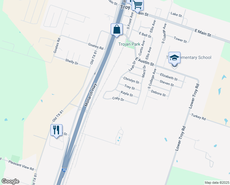 map of restaurants, bars, coffee shops, grocery stores, and more near 306 Kayla Street in Troy