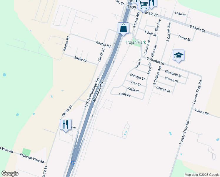 map of restaurants, bars, coffee shops, grocery stores, and more near 1106 Leah Drive in Troy
