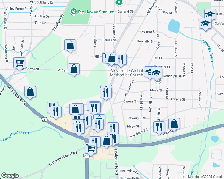 map of restaurants, bars, coffee shops, grocery stores, and more near 2057 South Oates Street in Dothan