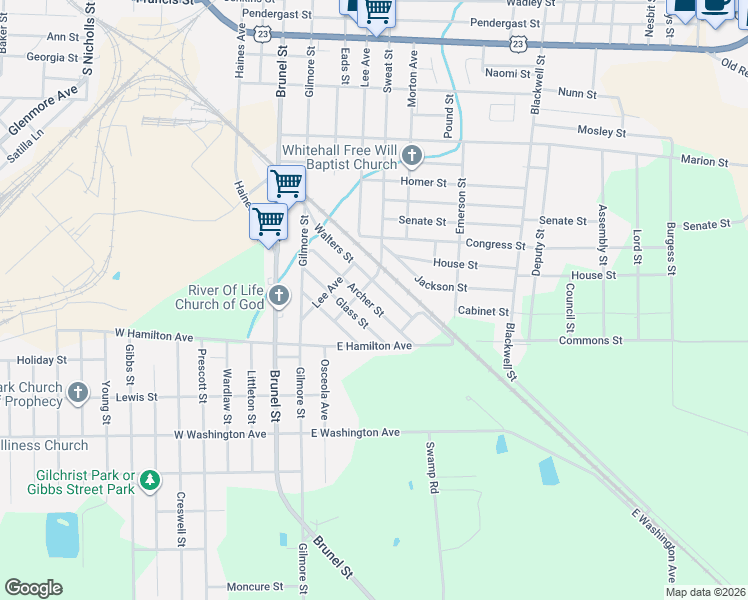 map of restaurants, bars, coffee shops, grocery stores, and more near 1302 Sweat Street in Waycross