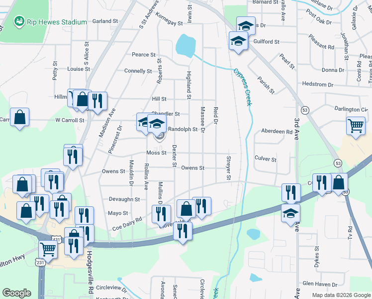 map of restaurants, bars, coffee shops, grocery stores, and more near 512 Highland Street in Dothan