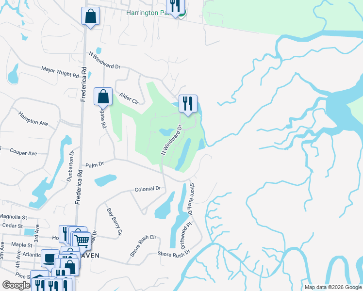 map of restaurants, bars, coffee shops, grocery stores, and more near 268 Moss Oak Circle in St. Simons Island