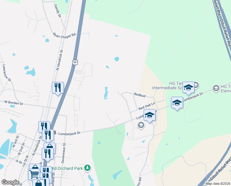 map of restaurants, bars, coffee shops, grocery stores, and more near 1002 Dogwood Ridge Drive in Diboll
