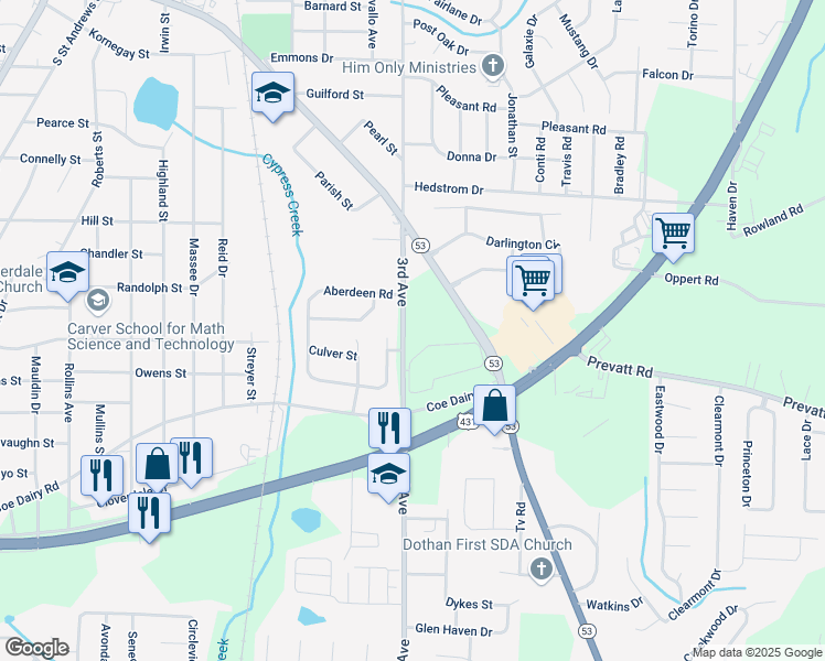 map of restaurants, bars, coffee shops, grocery stores, and more near 1965 3rd Avenue in Dothan