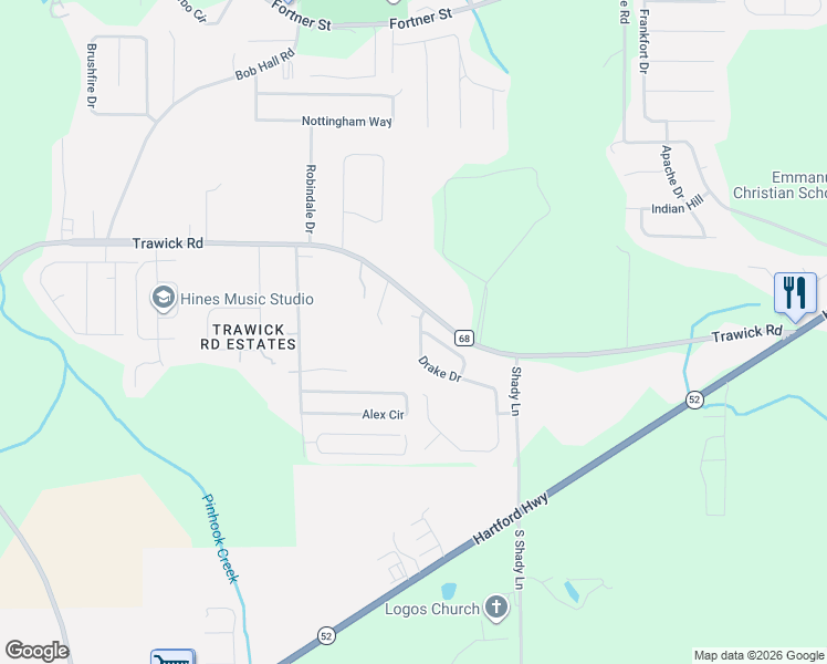 map of restaurants, bars, coffee shops, grocery stores, and more near Bama Court in Dothan
