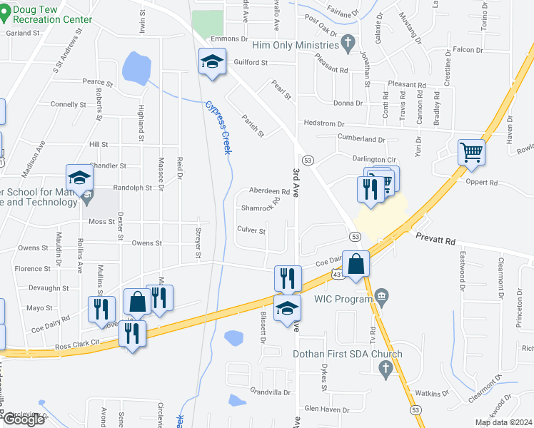 map of restaurants, bars, coffee shops, grocery stores, and more near 1911 Shamrock Road in Dothan