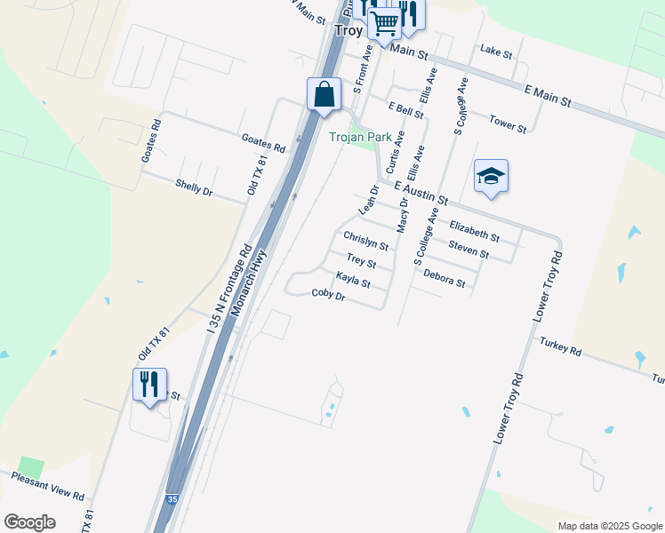 map of restaurants, bars, coffee shops, grocery stores, and more near 306 Kayla Street in Troy