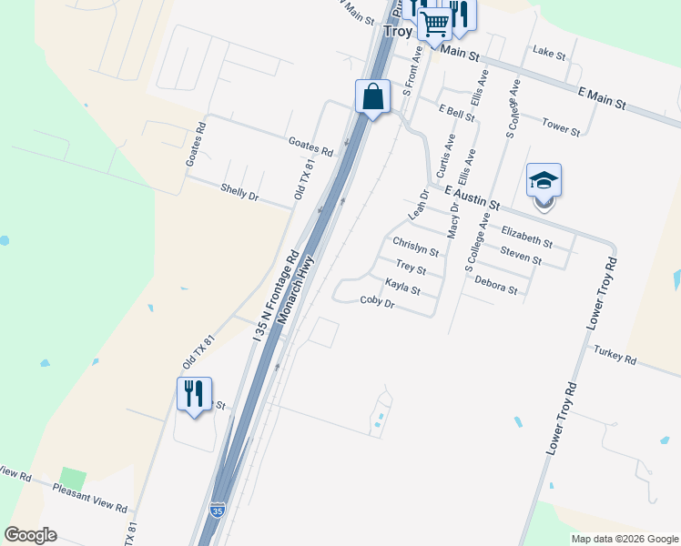 map of restaurants, bars, coffee shops, grocery stores, and more near 1006 Leah Drive in Troy