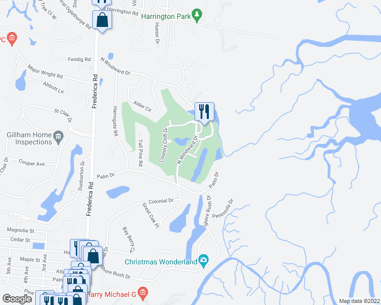map of restaurants, bars, coffee shops, grocery stores, and more near 264 Moss Oak Lane in Saint Simons Island
