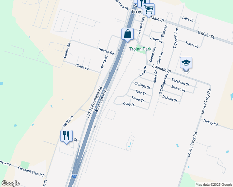 map of restaurants, bars, coffee shops, grocery stores, and more near 1006 Leah Drive in Troy