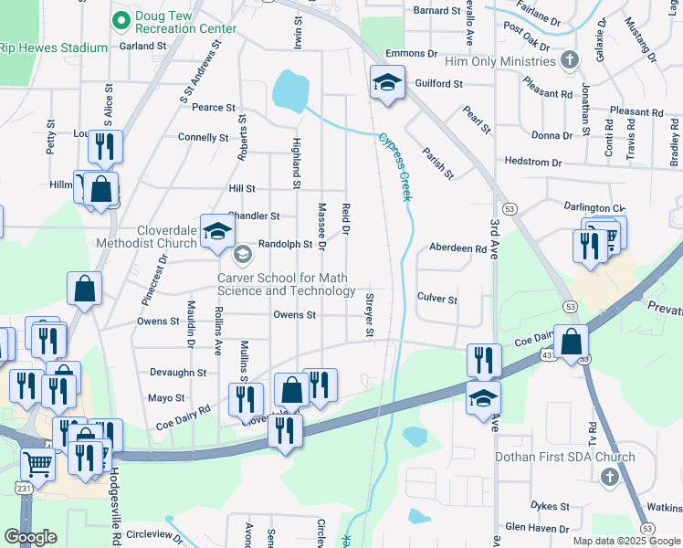 map of restaurants, bars, coffee shops, grocery stores, and more near 412 Reid Drive in Dothan