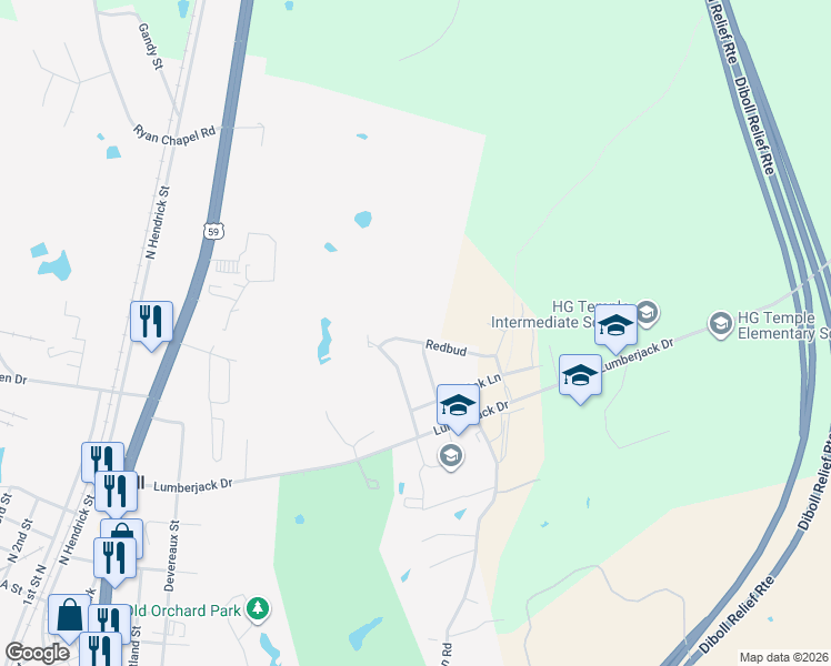 map of restaurants, bars, coffee shops, grocery stores, and more near 1011 Redbud in Diboll