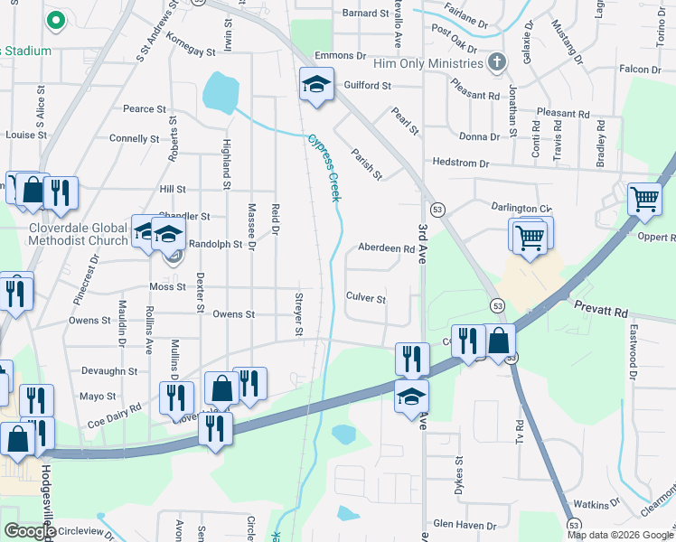 map of restaurants, bars, coffee shops, grocery stores, and more near 1923 Shamrock Road in Dothan