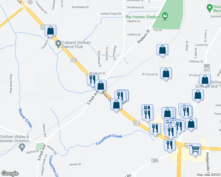 map of restaurants, bars, coffee shops, grocery stores, and more near 2394 Ross Clark Circle in Dothan