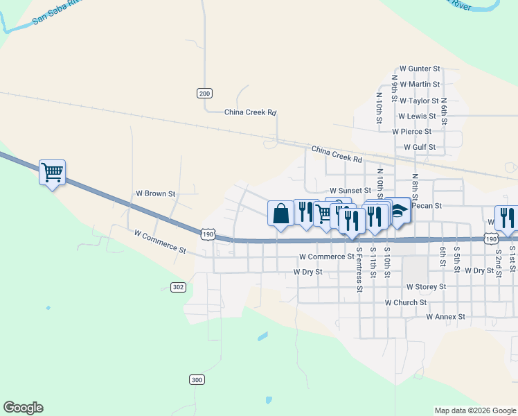 map of restaurants, bars, coffee shops, grocery stores, and more near 1905 West Brown Street in San Saba