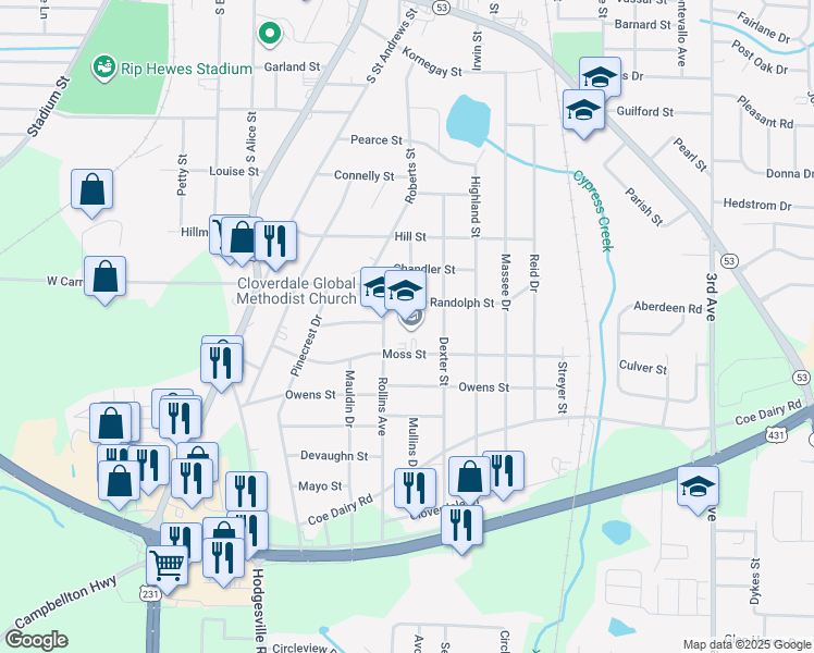 map of restaurants, bars, coffee shops, grocery stores, and more near 303 Rollins Avenue in Dothan