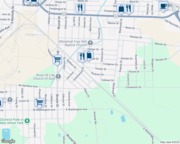 map of restaurants, bars, coffee shops, grocery stores, and more near 610 Jackson Street in Waycross