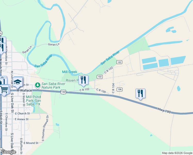 map of restaurants, bars, coffee shops, grocery stores, and more near C R 102 in San Saba