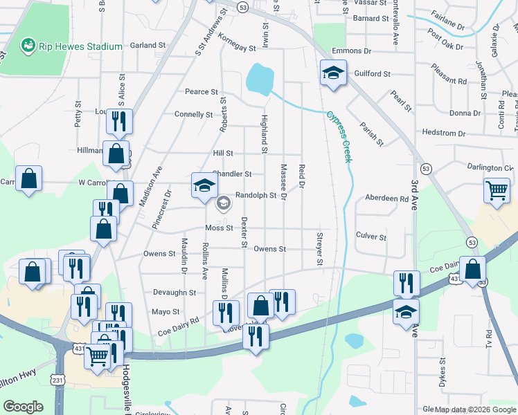 map of restaurants, bars, coffee shops, grocery stores, and more near 512 Highland Street in Dothan