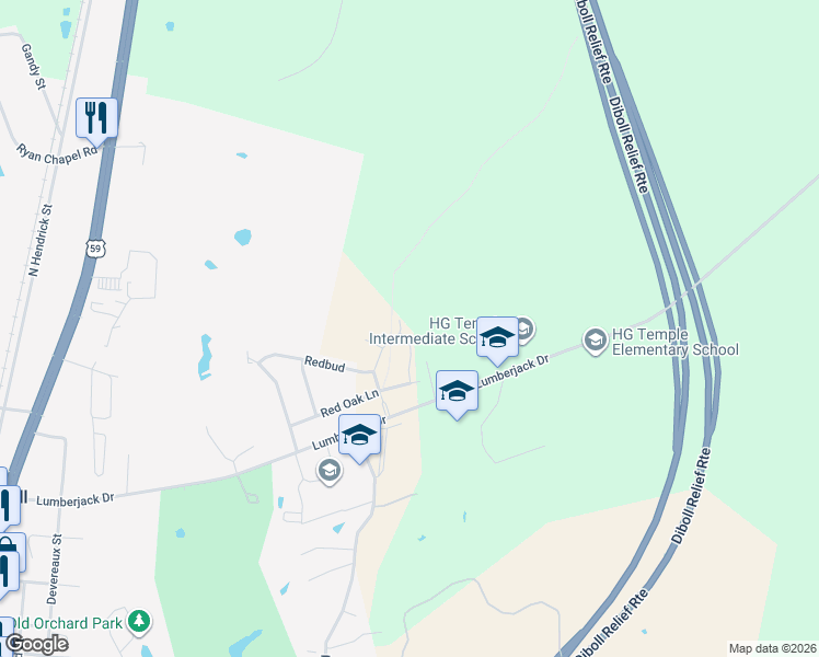 map of restaurants, bars, coffee shops, grocery stores, and more near 300 Deer Trace Boulevard in Diboll