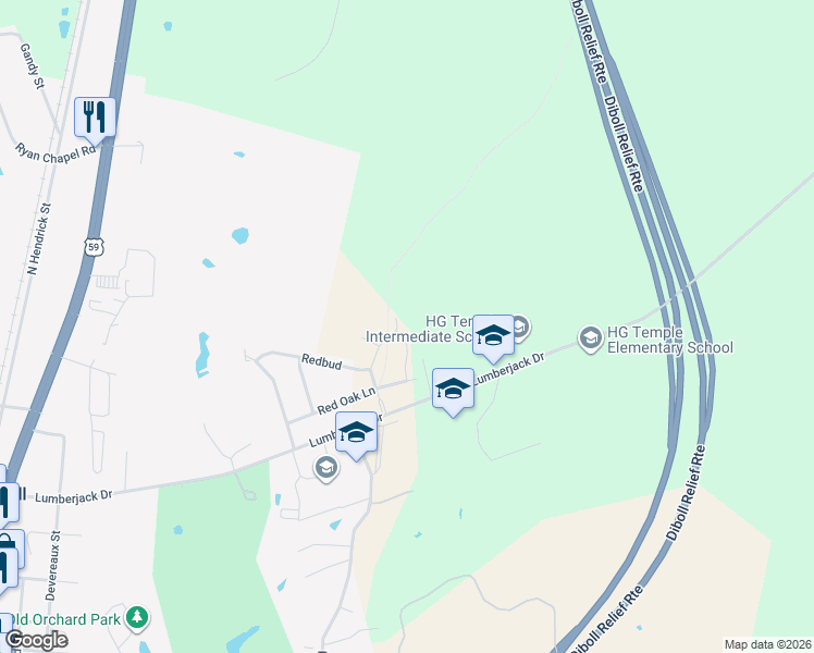 map of restaurants, bars, coffee shops, grocery stores, and more near 300 Deer Trace Boulevard in Diboll