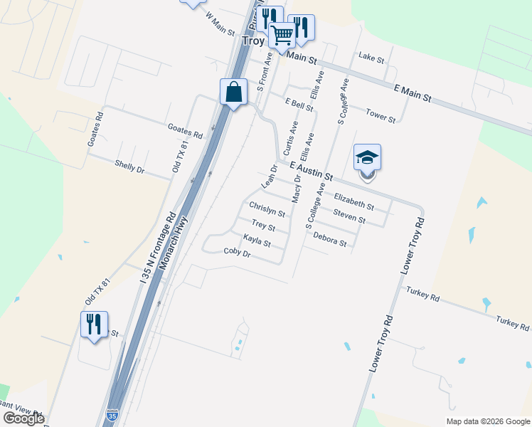 map of restaurants, bars, coffee shops, grocery stores, and more near 401 Blayton Street in Troy