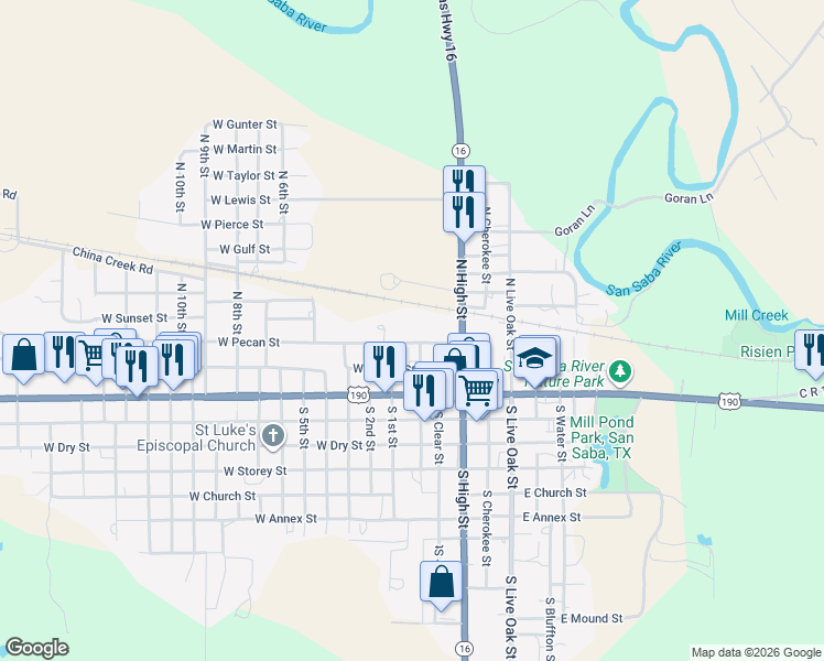 map of restaurants, bars, coffee shops, grocery stores, and more near 105 East Pecan Street in San Saba