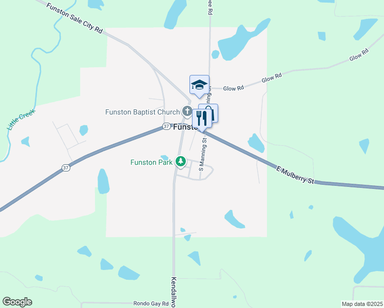 map of restaurants, bars, coffee shops, grocery stores, and more near 127 South Manning Street in Funston