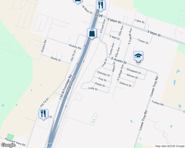 map of restaurants, bars, coffee shops, grocery stores, and more near 806 Leah Drive in Troy